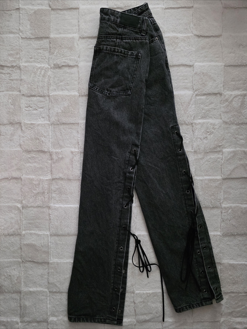 twik Black Lace-Up Side Panel High Rise Wide Leg Jeans